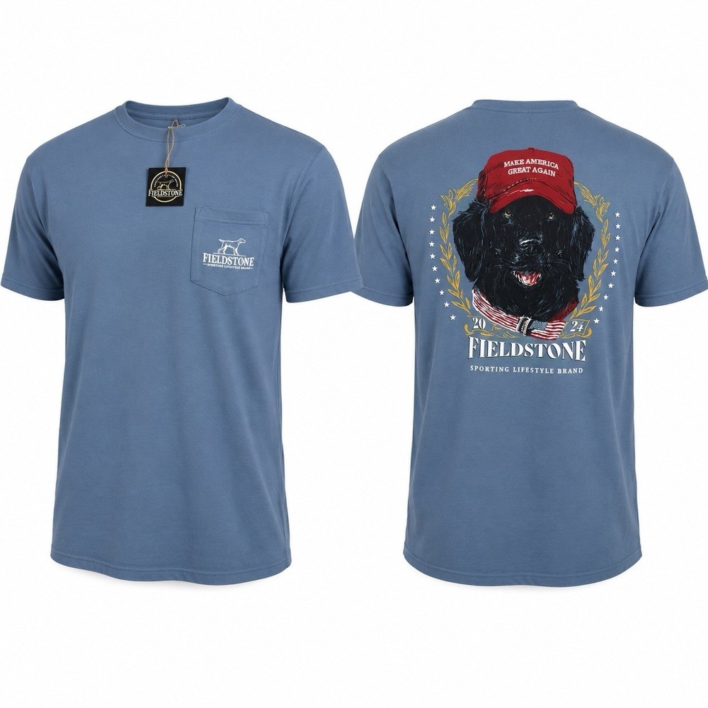 Fieldstone XL Pocket T Shirt NWT Blue Black Lab MAGA Hat 2024 Graphic Cotton